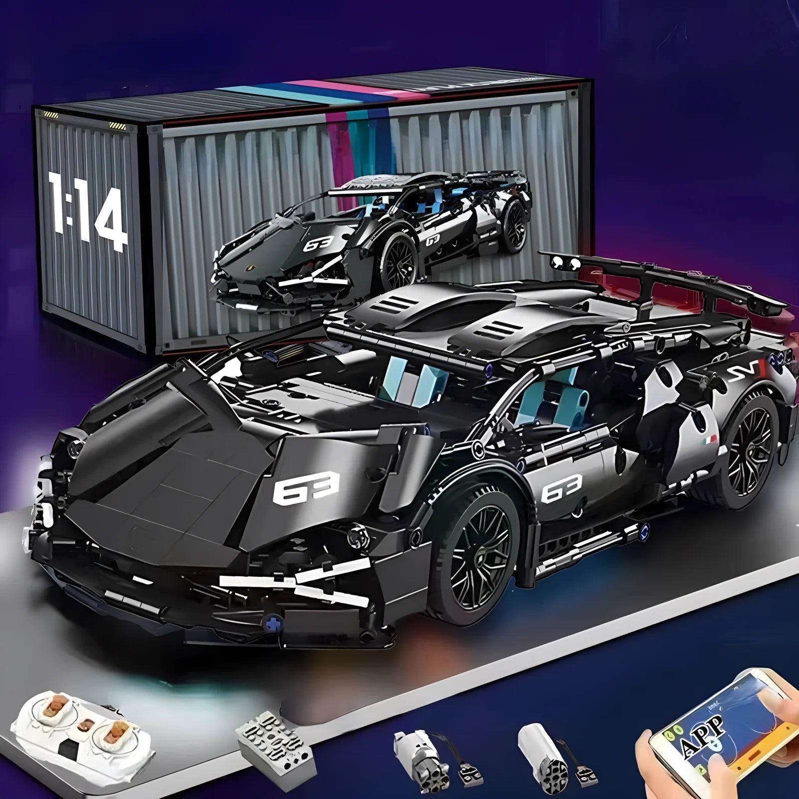 BLACK SPORTS CAR WITH LEDS RC | 1280 pieces