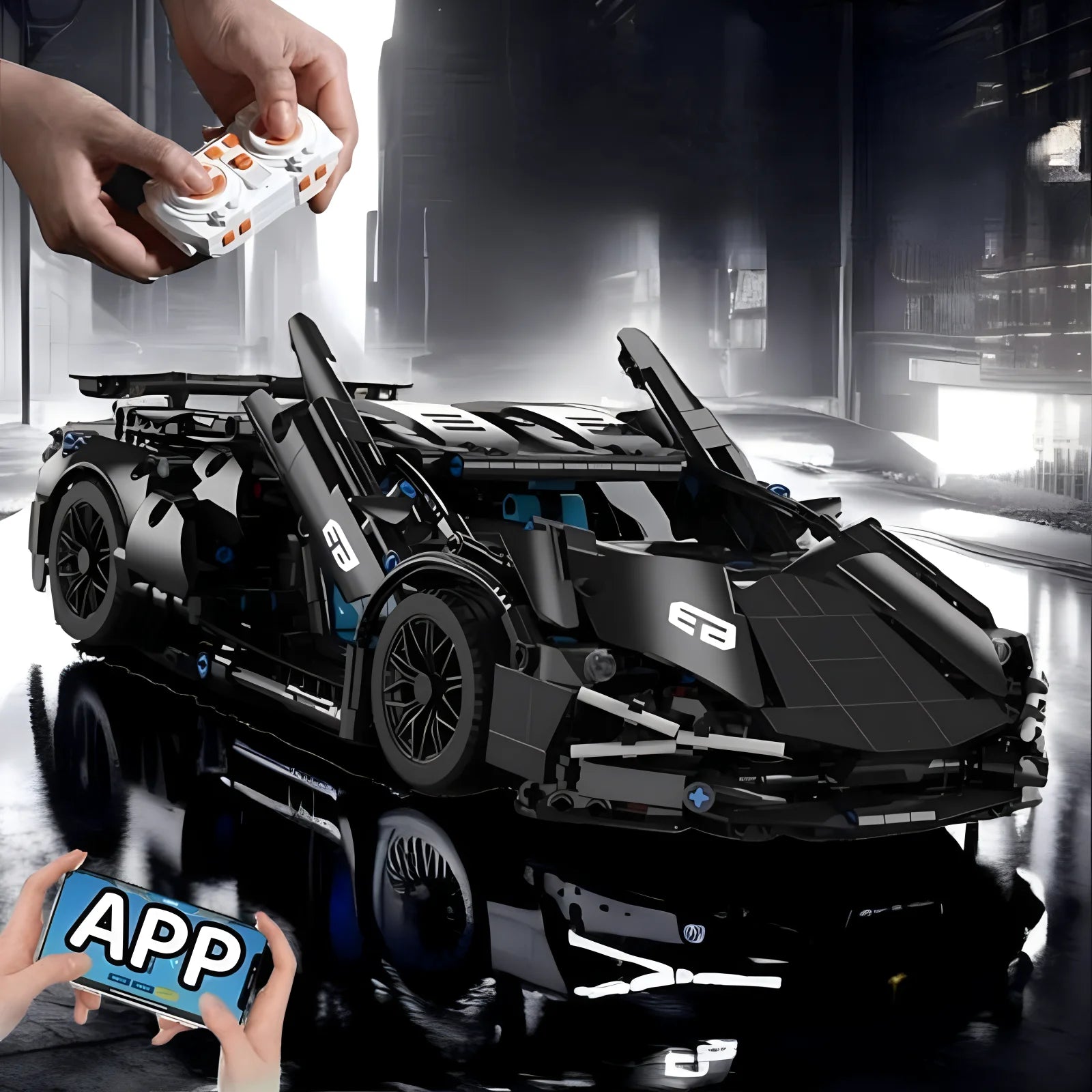 BLACK SPORTS CAR WITH LEDS RC | 1280 pieces